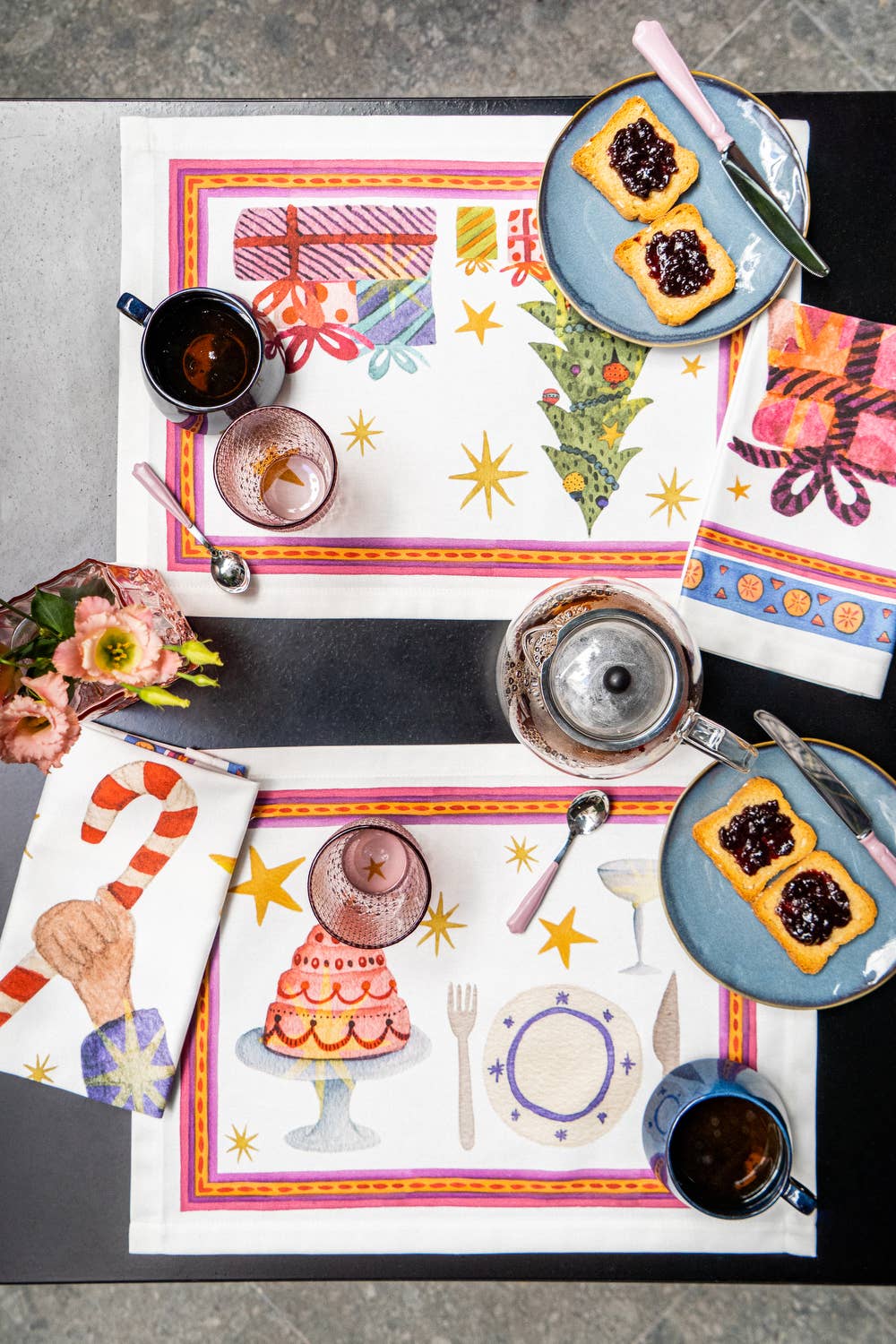 Set of 4 Placemats «Xmas Party» Cotton Satin 100%