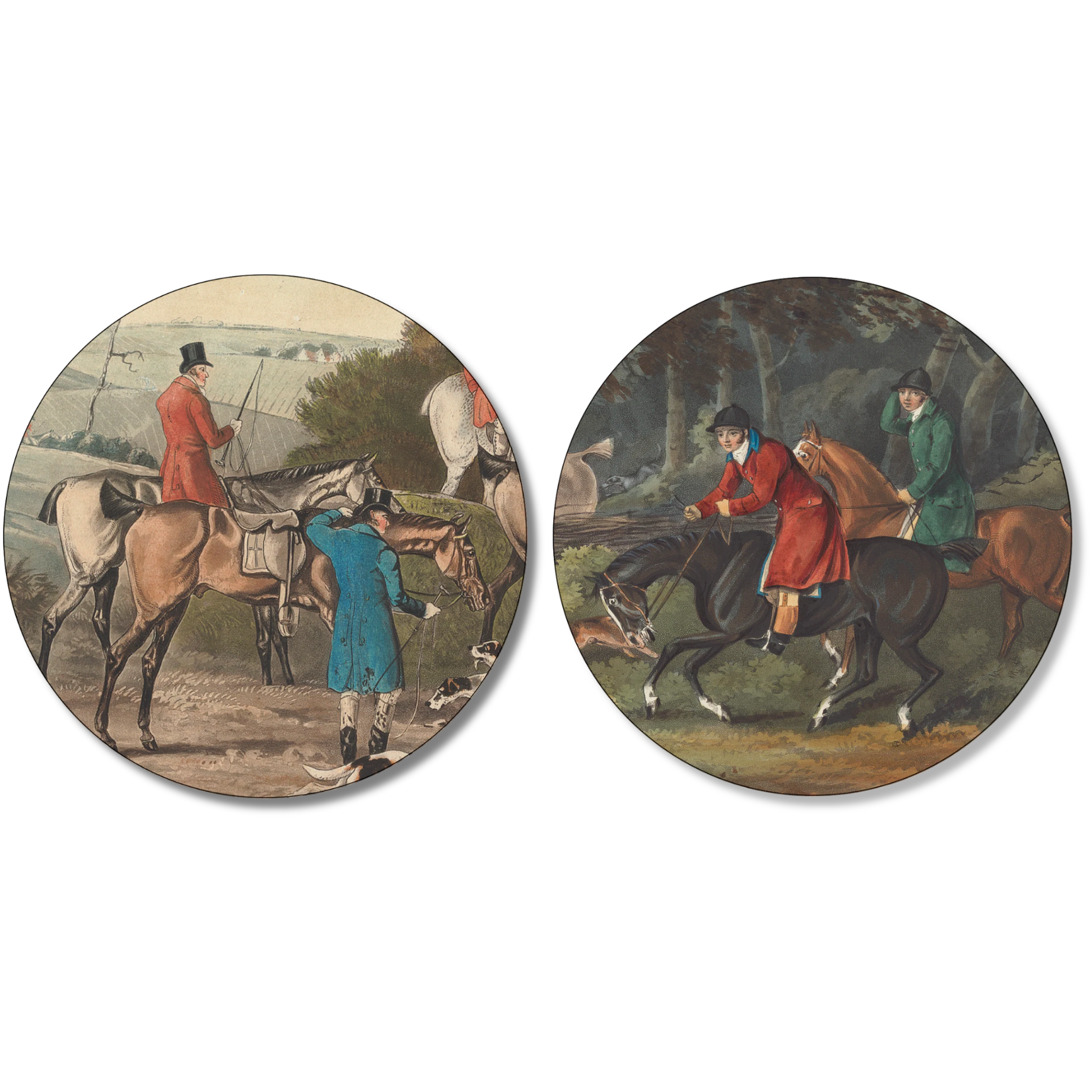 England set of 2 wood and cork coasters with classic countryside decorative print