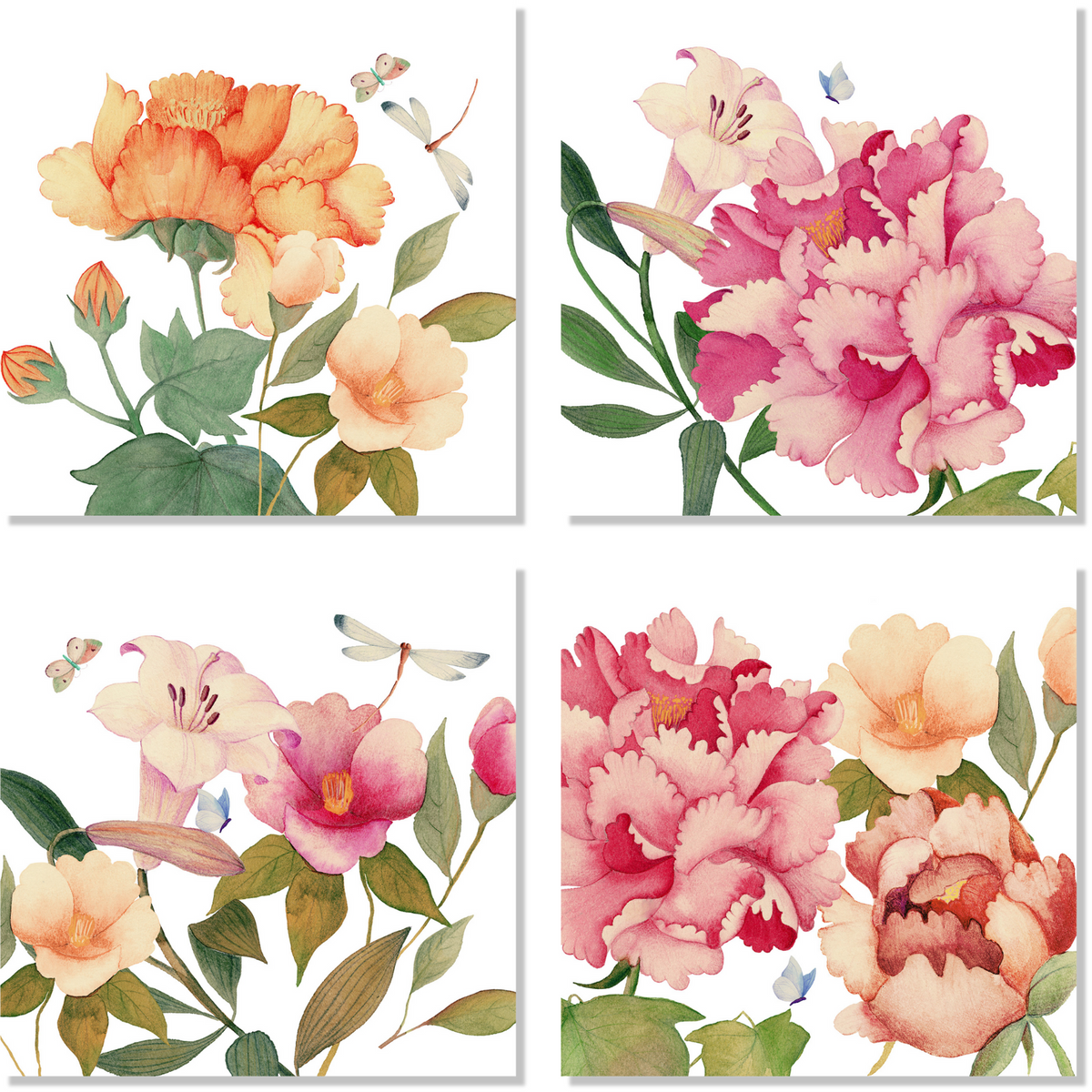 Lot de 4 serviettes « Pivoine » 100 % fabriqué en Italie